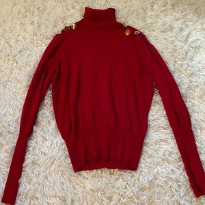 Red BCX turtle neck sweater with gold buttons